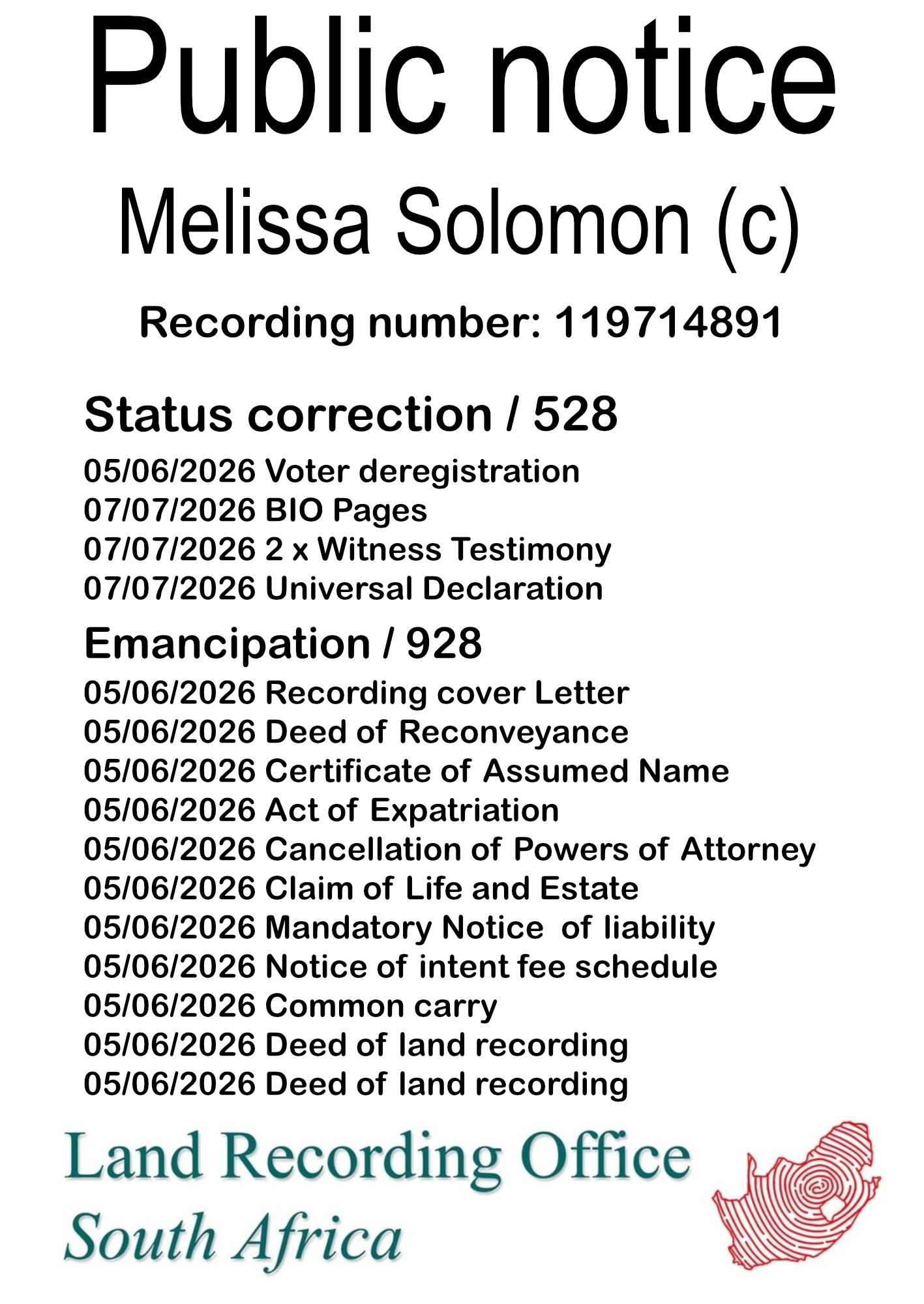 Public notice Melissa Solomon Recording number 119714891